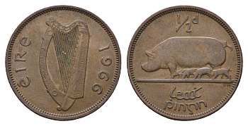 Ирландия 1/2 пенни 1966 свинья с поросятами KM 10 бронза 3851-922