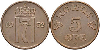 НОРВЕГИЯ 5 ЭРЕ 1952 ХОКОН VII (1905-1957) KM 400 бронза 115-816