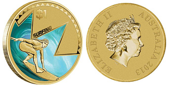 Австралия 1 доллар 2013 серия попробуй это, сёрфинг, цветная эмаль KM 1943 алюминиевая бронза UNC M41-07