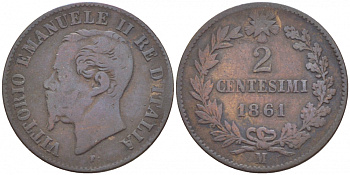 ИТАЛИЯ 2 ЧЕНТЕЗИМО 1861 М, ВИКТОР ИМАНУИЛ II KM 2.1 медь 4548-127