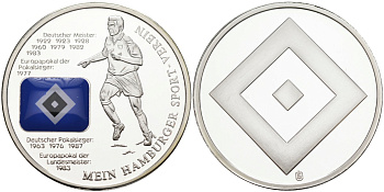 ФРГ медаль ND спортивная, футбольный клуб "Гамбург", история побед, цветная наклейка, диаметр 30 мм. медь плакированная медно-никелем PROOF 1099-2-44