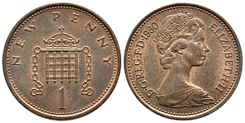 Великобритания 1 пенни 1980 Елизавета II (1952-2022) KM 915, Spink 4237 (B1) бронза 87-314