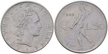 Италия 50 лир 1963 , бог огня Вулкан у наковальни KM 95.1 нержавеющая сталь 212-555