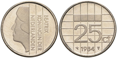 Нидерланды 25 центов 1984 Беатрикс (1980-2013) KM 204 никель UNC 4588-861