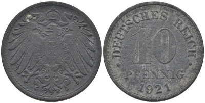 Германия 10 пфеннигов 1921  KM 26, J. 299 цинк 4116-545