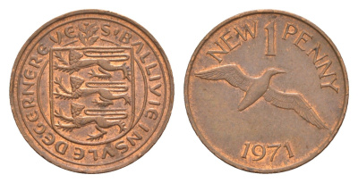 Гернси 1 новый пенни 1971 Елизавета II (1952-2022), северная олуша в полете KM 21 бронза 4655-937