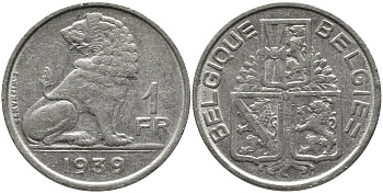 Бельгия 1 франк 1939 Леопольд III (1934-1950), Belgique-Belgie, лев KM 119 никель 4384-224