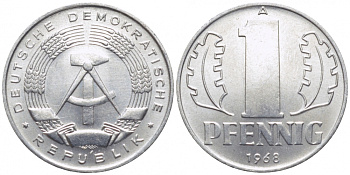 ГДР 1 ПФЕННИГ 1968 А КМ 8.1 алюминий UNC 105-1237