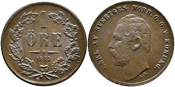 Швеция 1 эре 1872 L.A., Карл XV (1859-1872) KM 705 бронза aUNC 3458-242
