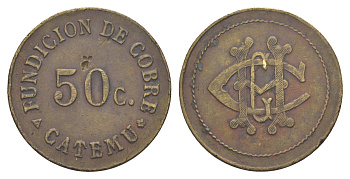 Чили жетон с медеплавильный завод для покупки в местных магазинах, номиналом в 50 сентаво диаметр 32 мм, вес 7,21 гр не описан в Espinosa бронза 1094-1-82