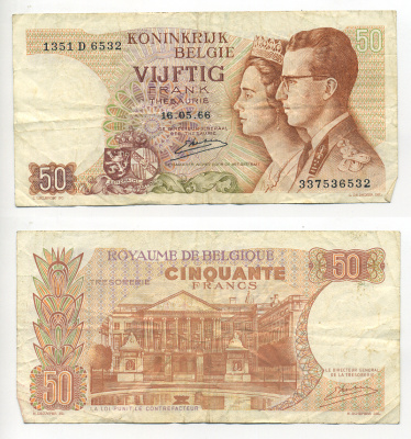 БЕЛЬГИЯ 50 ФРАНКОВ 1966 16 МАЯ 1966, ПОДПИСЬ 20, КОРОЛЬ БОДУЭН И КОРОЛЕВА ФАБИОЛА Pick 139 бумага 6280-23-4-1