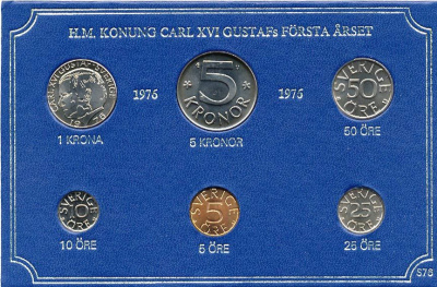 Швеция набор монетного двора из 6 монет 1976 в картоне, Карл XVI Густав (1973- ) KM MS4 UNC 7-5-7-215
