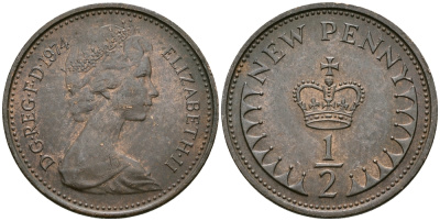 Великобритания 1/2 пенни 1974 Елизавета II (1952-2022) KM 914, Spink 4239 бронза 4396-1069