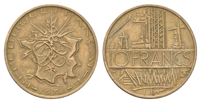Франция 10 франков 1976 KM 940 медь алюминий никель 4704-441