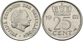 НИДЕРЛАНДЫ 25 ЦЕНТОВ 1961 ЮЛИАНА KM 183 никель 96-147