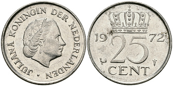 Нидерланды 25 центов 1972 Юлиана (1948-1980) KM 183 никель 96-228
