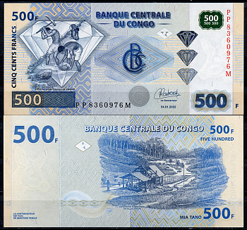 ДР Конго 500 франков 2022 добыча алмазов Pick 96C  бумага  UNC (пресс) 449-77-1