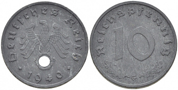 ГЕРМАНИЯ 10 РЕЙХСПФЕННИГОВ 1940 G, KM 101, J. 371 цинк 3996-1168