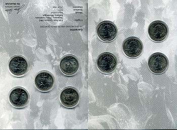 США набор из 5 монет 2002 квотеры, штаты США, Теннеси P, Луизиана P, Огайо D, Индиана P, Миссисипи P, монеты в капсулах и оригинальном буклете KM 331, 333, 332, 334, 335 медь покрытая медно-никелем  UNC  1181-2-10