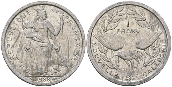 Французская Новая Каледония 1 франк 1988 птица кагу, (IEOM) KM 10, Schoen 10, Lec 48 алюминий 51-5336