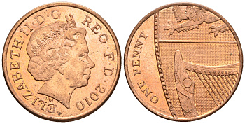 Великобритания 1 пенни 2010 Елизавета II (1952-2022) KM 1107, Spink B6 сталь плакированная медью 4609-666