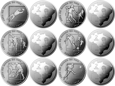 Бразилия набор из 6 монет по 2 реал 2014 Чемпионат мира по футболу в Бразилии KM 691, 692, 693, 694, 695, 696 медно-никель  UNC  M71-19