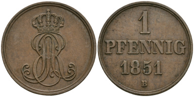 Ганновер 1 пфенниг 1851 B, Эрнст Август (1837-1851) KM 201.1, AKS 129, J. 74 медь 4608-1123