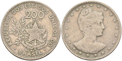 Бразилия 200 рейс 1901 голова свободы вправо KM 504 медно-никель 4589-1116