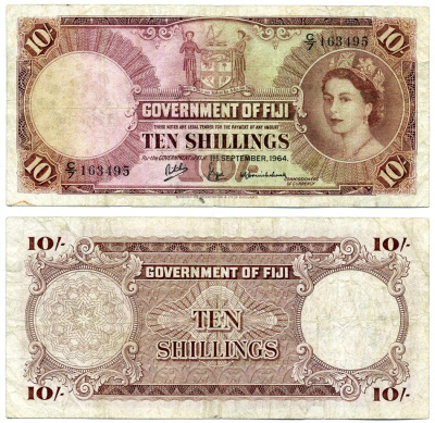 ФИДЖИ 10 ШИЛЛИНГОВ 1964 1 СЕНТЯБРЯ 1964, ЕЛИЗАВЕТА II Pick 52d бумага 451-386-2