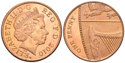 Великобритания 1 пенни 2010 Елизавета II (1952-2022) KM 1107, Spink B6 сталь плакированная медью 4609-666