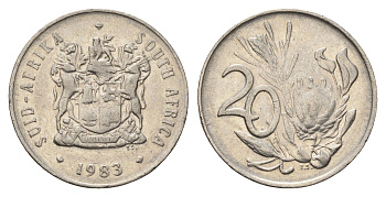 ЮАР 20 центов 1983 герб, цветок протея KM 86 никель 4693-743