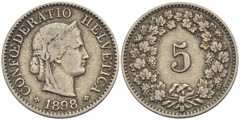 ШВЕЙЦАРИЯ 5 РАППЕНОВ 1898 В KM 26 медно-никель 4532-912
