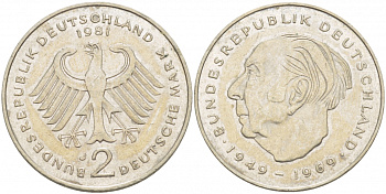 ФРГ 2 марки 1981 J, ТЕОДОР ХОЙС KM 127, J. 407 медно-никель плакированный никелем 3718-1033