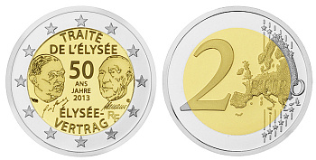 Франция 2 евро 2013 50 лет подписания "Елисейского договора" KM 2094 биметалл UNC M45-05