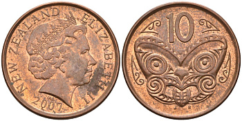 Новая Зеландия 10 центов 2007 маска Маори, Елизавета II (1952-) KM 117а сталь плакированная медью 4179-712