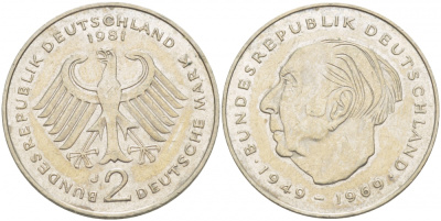 ФРГ 2 марки 1981 J, ТЕОДОР ХОЙС KM 127, J. 407 медно-никель плакированный никелем 3718-1033