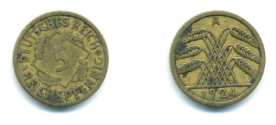 ГЕРМАНИЯ 5 РЕЙХСПФЕННИГОВ 1924 А, KM 39, J. 316 алюминиевая бронза 4383-416