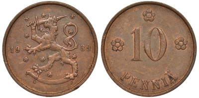 Финляндия 10 пенни 1939 KM 24 медь 51-3141