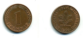 ФРГ 1 ПФЕННИГ 1970 D KM 105, J 380 сталь плакированная медью 46-126