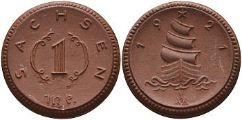 Саксония 1 марка 1921 парусник J. N 55 фарфор 1094-3-83