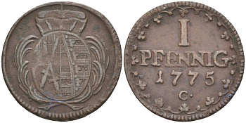 Саксония 1 пфенниг 1775 С, Фридрих Август III (1763-1806) KM 1000 (C91) медь 4383-118
