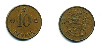 Финляндия 10 пенни 1927 республика (1918-1962) KM 24 медь 46-1612