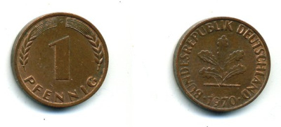 ФРГ 1 ПФЕННИГ 1970 D KM 105, J 380 сталь плакированная медью 46-126
