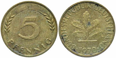 ФРГ 5 ПФЕННИГОВ 1970 F KM 107, J. 382 сталь плакированная латунью 112-146