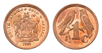 ЮАР 1 цент 1995 герб, капские воробьи KM 132 сталь плакированная медью UNC 4694-164