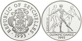Сейшельские острова 25 рупий 1993 XXV летние олимпийские игры 1992 года в Барселоне, гиманстика, тираж 40000 экз. KM 70 серебро PROOF 1095-10-43