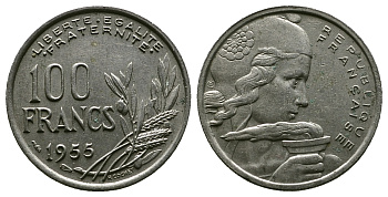 ФРАНЦИЯ 100 ФРАНКОВ 1955 KM 919.1 медно-никель 261-913
