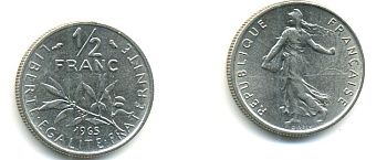 Франция 1/2 франка 1965 сеятель KM 931, Le Franc 198.3 никель 25-735