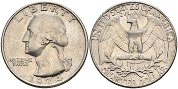 США 25 центов (квотер) 1974 Вашингтон KM 164a медь плакированная медно-никелем 4584-1033