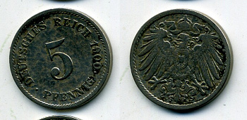 ГЕРМАНИЯ 5 ПФЕННИГОВ 1900 J, KM 11, J. 12 медно-никель 58-1244